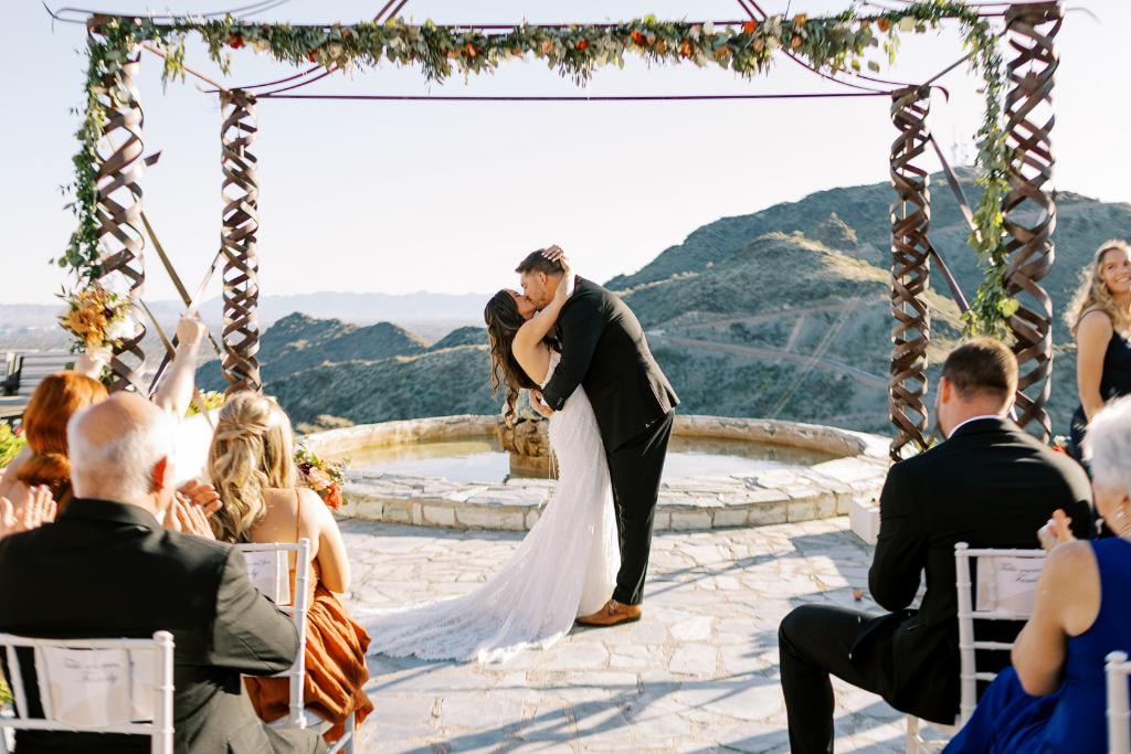 Wedding ceremony with mountain backdrop